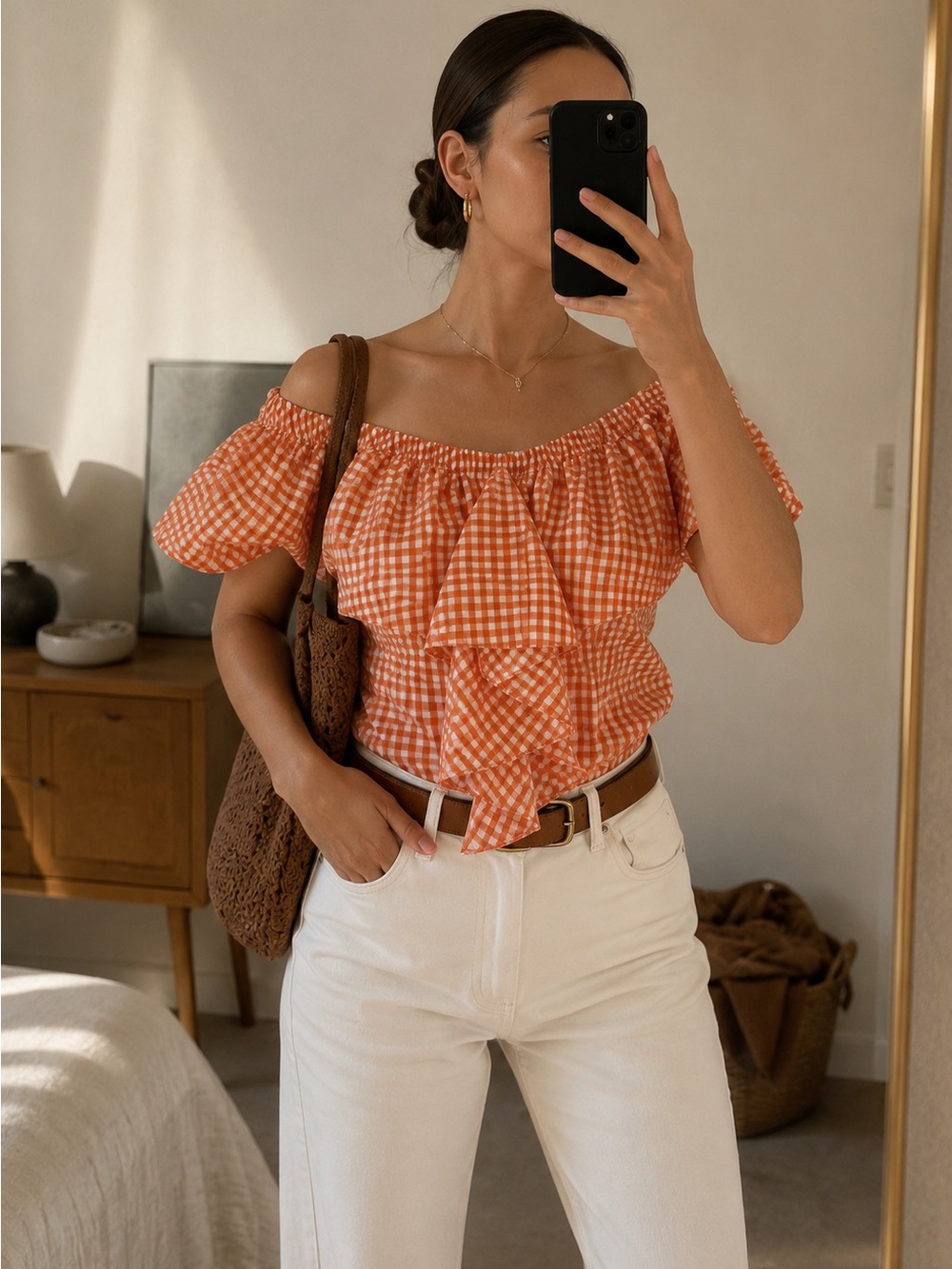 Uterque Orange Gingham Off-Shoulder Ruffle Top